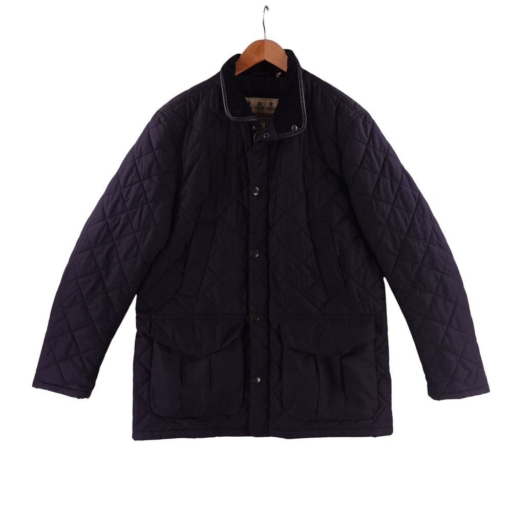 Barbour Mens Quilted Jacket Black Diamond Quilt Corduroy Collar Large